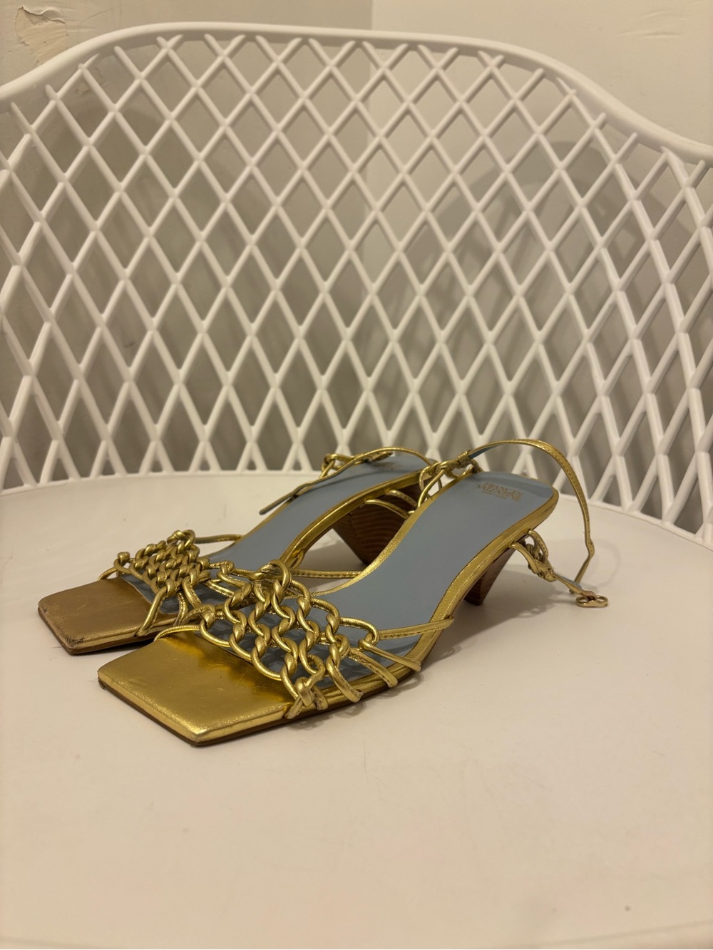 Frances Valentine Metallic Gold Chain-Link Slingback Heels